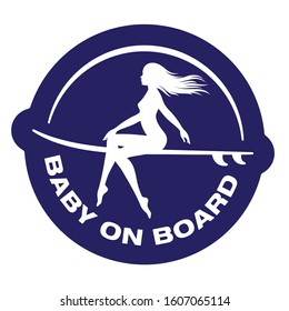 Vector blue sticker Baby on board. Silhouette of a surfer. Isolated on white background.