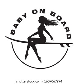 Vector blue sticker Baby on board. Silhouette of a surfer. Isolated on white background.