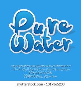 Vector Blue Sticker style Alphabet with Pure Water logo. Set of handwritten Letters, Numbers and Symbols
