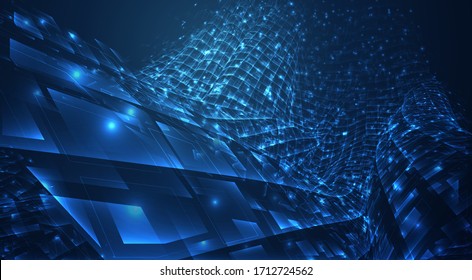 Vektorillustration blauer Strom von Leuchtstoffen und Kristallen, virtuelle Daten