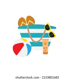 Vector blue striped beach bag with a ball sunscreen lotion flip-flops and sunglasses. Summer vacation accessories for sea isolated on white background front view.