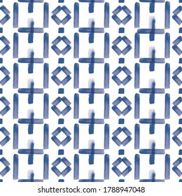 Vector blue stripes, figures folk seamless pattern