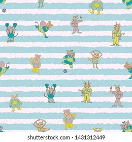 Vector blue stripes fun anthropomorphic characters repeat pattern background