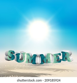 Vector blue summer text on blurred beach background, illustration