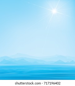 Vector blue  sun shine sea scene, mountains  background.