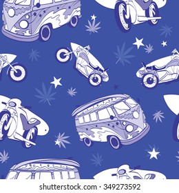 Vector Blue Surfboards On Hippie Bus Motorcylces Seamless Pattern. Bike. Vacation. Surfing. Hawaii. California.