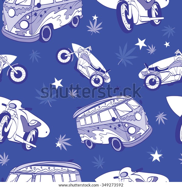 Vector Blue\
Surfboards On Hippie Bus Motorcylces Seamless Pattern. Bike.\
Vacation. Surfing. Hawaii.\
California.