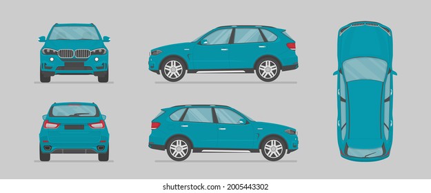 Vector blue suv car. Side view, front view, back view, top view. Cartoon flat illustration, car for graphic and web