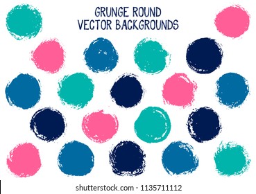 Vector blue teal grunge circles. Cool watercolor stamp texture circle scratched label backgrounds. Circular tag icon, chalk logo shape, round button elements. Grunge round shape banner backgrounds set
