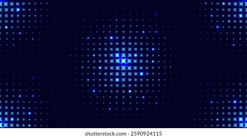 Vector blue technology halftone seamless pattern. Texture with grainy mosaic with pixelated on dark background. Neon futuristic dotted wallpaper