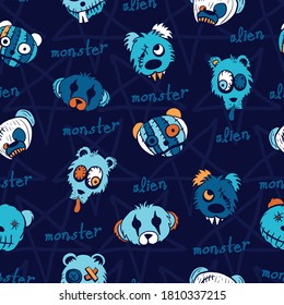 Vector blue teddies aliens dark seamless pattern