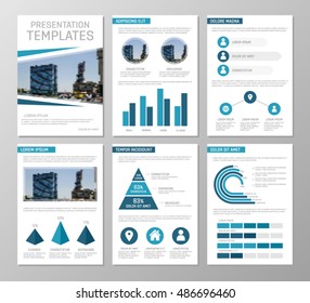 Vector blue template for multipurpose presentation slides with graphs and charts. Design elements, chart, graph, brochures