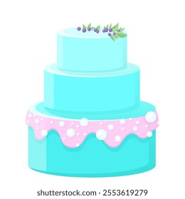 Vector blue three-tier cake with pink cream and white balloons, decorative sprinkles. Illustration for gender party. Boy or girl. Dessert with blueberries, bilberries, currants.