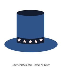 Vector Blue Top Hat with stars Isolated on White Background. Classic Retro Vintage Top Hat, Vintage Gentlemans Mens Hat, Front View.