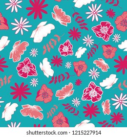 Vector Blue Tossed Floral and Leaves Mix Seamless Background Pattern Design. Perfect for fabric, wallpaper, stationery and scrapbooking projects
