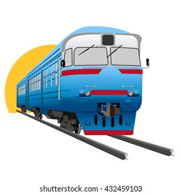 vector blue train rides on the rails of sunset