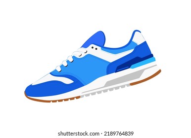 Vector Blue Trainers Shoes Isolated On White Background. Trendy Basketball Footwear Side View. Modern Men Shoe Silhouette. Casual Sneakers Logo. Sportswear Template. Sneaker Flat Symbol