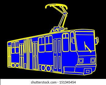 Vector of blue tram in the night, isolated on black background. 