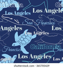 Vector Blue Travel California Cities Animals Seamless Pattern with Los Angeles, San Francisco, Turtles, and Whales.