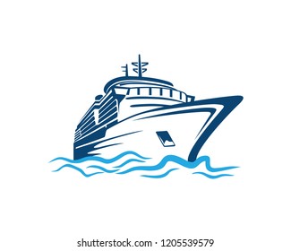 Vector Blue Traveling with Cruise Ship and Wave in the Ocean Sea Sign Symbol Icon Logo Template Design Inspiration