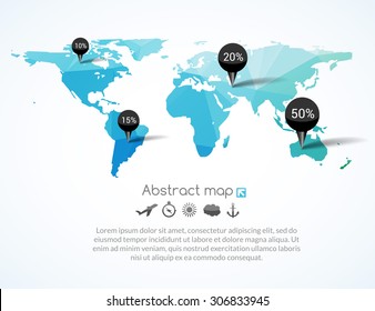 Vector blue triangle world map with tags, points and destinations with icons airplane, sun, cloud, anchor, compass, travel concept