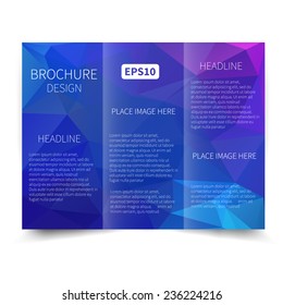 Vector blue tri-fold brochure design template with abstract geometric background. Tri-Fold Mock up & back Brochure Design with triangles. Vector design illustration EPS10