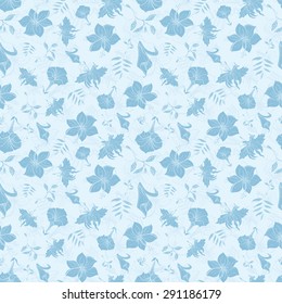 Vector Blue Tropical Flowers Texture Seamless Pattern