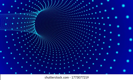 Vector blue tunnel with dots. 3d wormhole dark illustration.