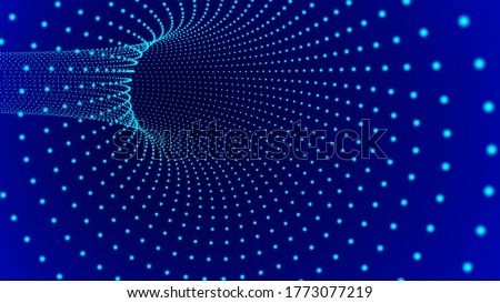 Vector blue tunnel with dots. 3d wormhole dark illustration.