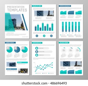 Vector blue and turquoise template for multipurpose presentation slides with graphs and charts. Design elements, chart, graph, brochures