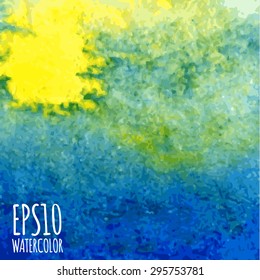 Vector blue, turquoise, white and yellow watercolor background. Watercolor texture for decoration design elements. Hand drawn design element.