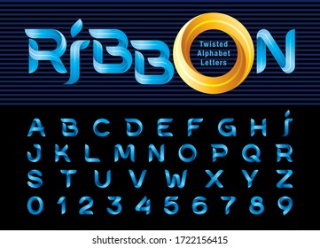 Vector of Blue Twist Ribbons Alphabet Letters and numbers, Modern Origami stylized rounded Lettering, Minimal Fonts set for Celebrate, Decoration Party, Fashion. Funny Entertainment