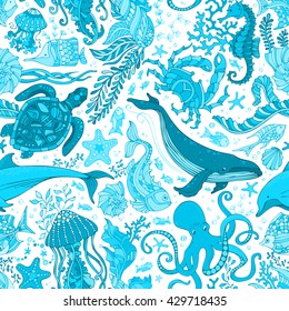 Vector blue underwater sea life boundless background. Whale, dolphin, turtle, fish, starfish, crab, octopus, shell, jellyfish, seahorse, seaweed. Seamless pattern of animals and plants.