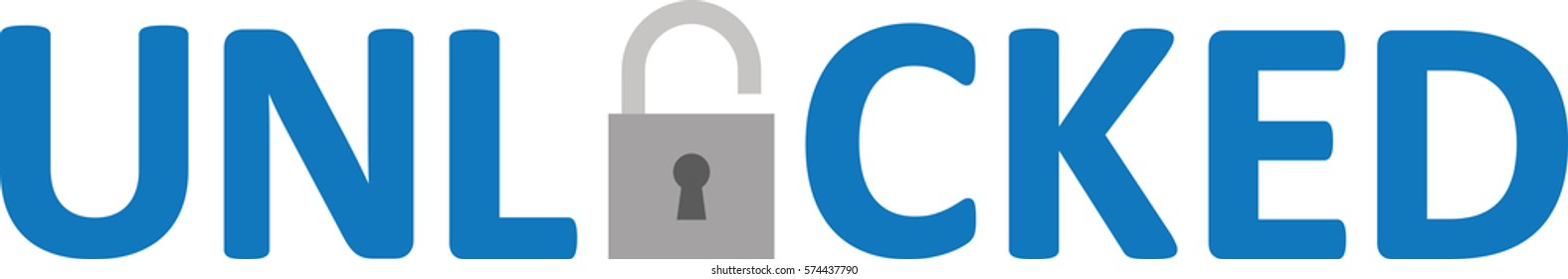 Vector blue unlocked text with open padlock.