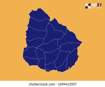 Mapa azul vector de Uruguay sobre fondo amarillo.