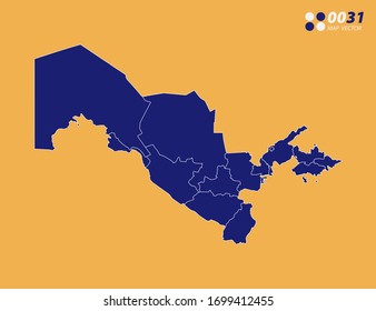 Mapa azul vector de Uzbekistán sobre fondo amarillo.