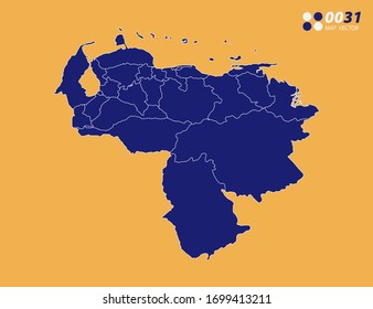Mapa azul vector de Venezuela sobre fondo amarillo.