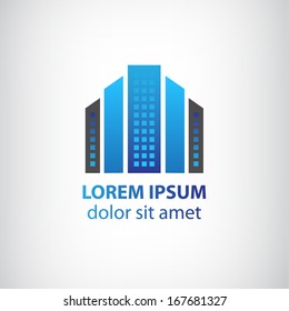 Vector Blue Vertical Abstract Office Building Logo, Apartment Icon With Windows Isolated