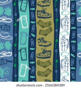 Vector blue vertical stripes seamless doodle sketch pattern with objects for trekking and hiking. Suitable for textile, wallpaper and trekking brochures.