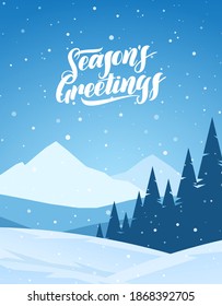 Vector Blue vertical winter snowy landscape with lettering of Season's Greetings. Merry Christmas and Happy New Year.