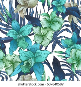 Vector blue vintage floral tropical seamless pattern. Exotic flowers, twigs and leaves. Botanical bright classic illustration on white background.