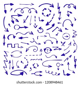 Vector blue vintage hand drawn arrows set isolated on white background