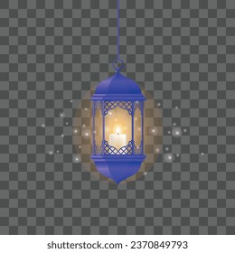 Vector blue vintage luminous lanterns. arabic shining lamps. isolated hanging realistic lamps.