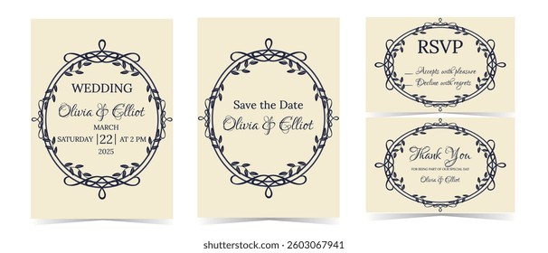 Vector blue vintage ornate border frames set for wedding invitation templates. Includes Save the Date, Thank You, and RSVP cards with retro elegant decorative labels.