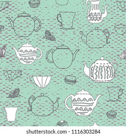 Vector blue vintage teapots and cups seamless textured pattern background. Perfect for fabric, scrap booking, wallpaper, invitations, gift wrap