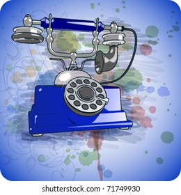 Vector blue vintage telephone & floral calligraphy ornament - a stylized orchid, color paint background