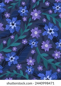 vector blue violet flower blossom and leaf for banner, publication, social media background.