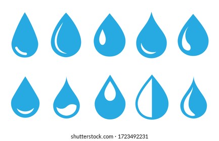 Векторный синий набор иконок капли воды. Коллекция форм логотипа с плоской каплей