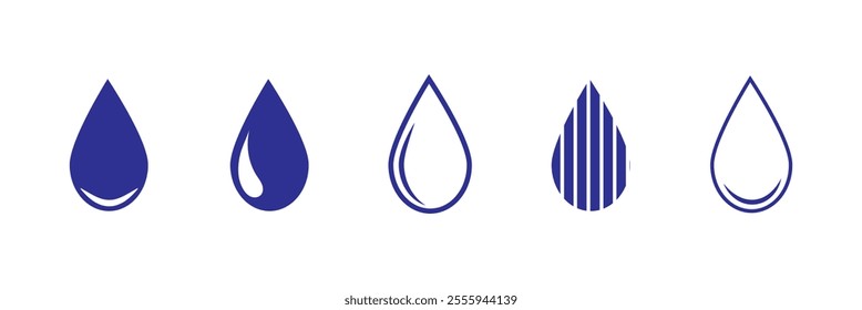 Vector blue water drop icon set. Flat droplet logo shapes collection