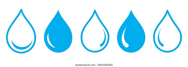 Conjunto de iconos de gota de agua azul Vector. Colección de Formas de logotipo de gota plana.